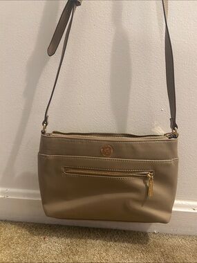Anne Klein Taupe Faux-Leather Crossbody Bag with Gold Accent